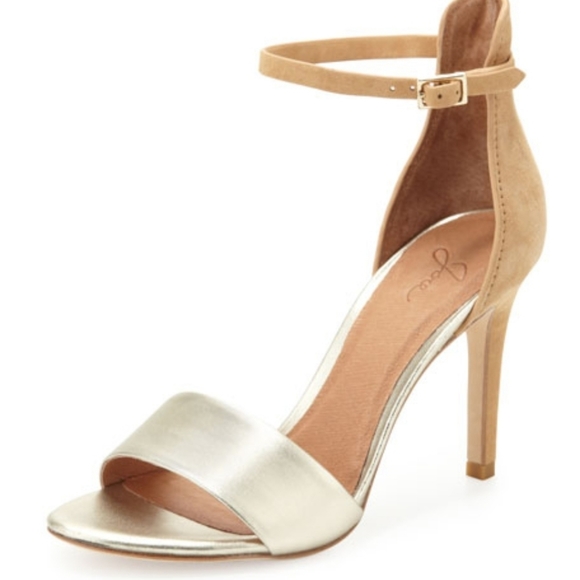 Joie Shoes - Joie Jaclyn Two Tone gold Ankle Strap Nude Sandal 4" Heel Leather Sole